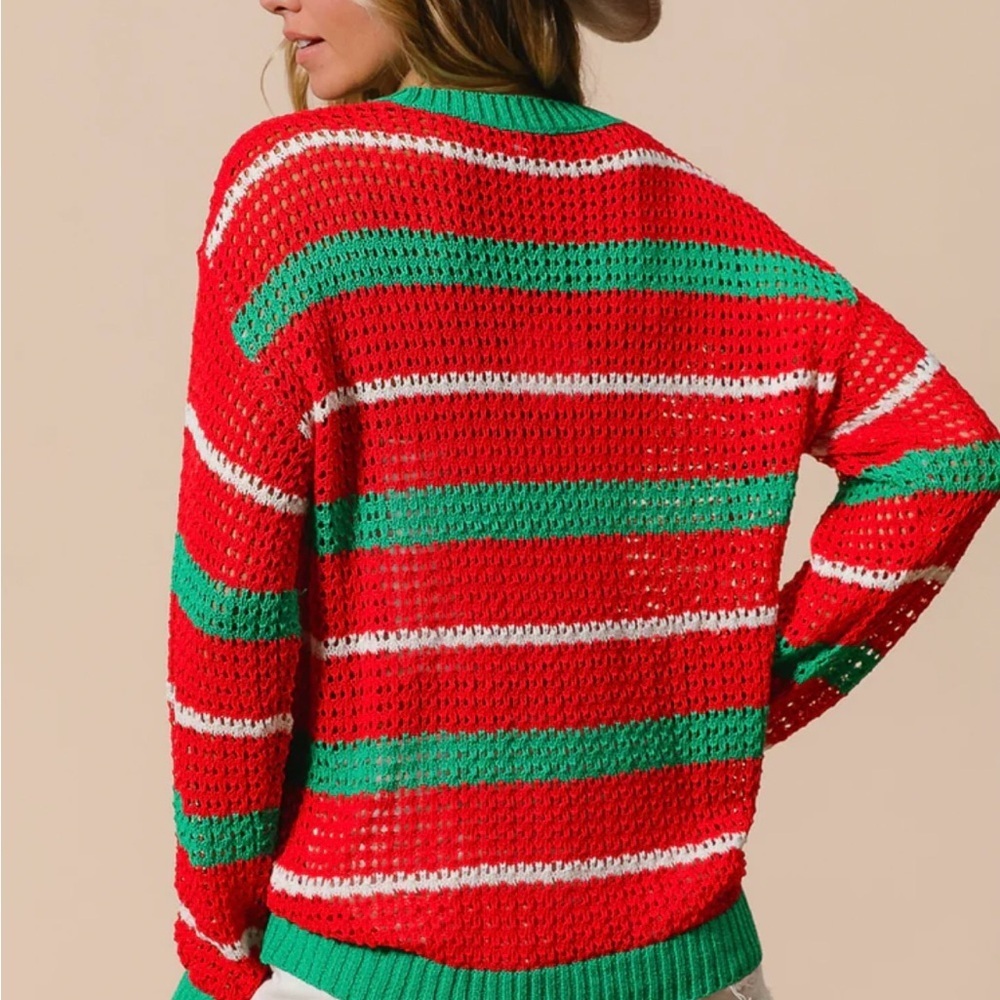 Striped Red and Green Women's Sweater - Picture 9 of 9